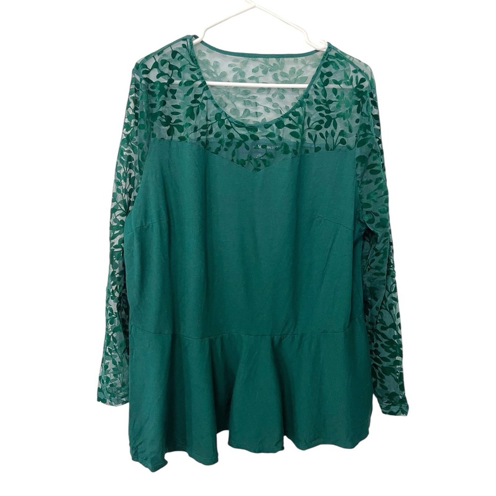 denim 24/7 1X 22/24 Green Peplum Top‎ Mesh Velvet Leaf Burnout Whimsigoth